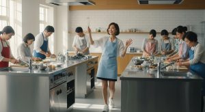 福岡の行政が主催する料理教室で、笑顔で交流する日本人男女。