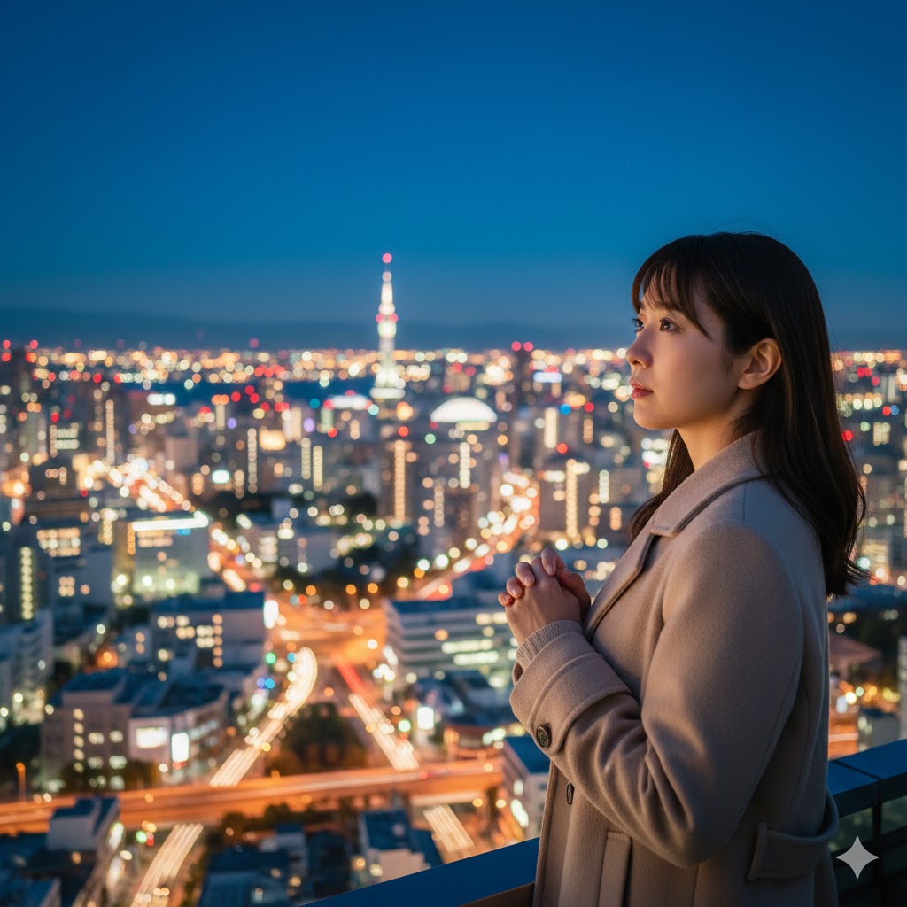 福岡の街並みを背景に婚活の厳しさについて物思いにふける30代の日本人女性