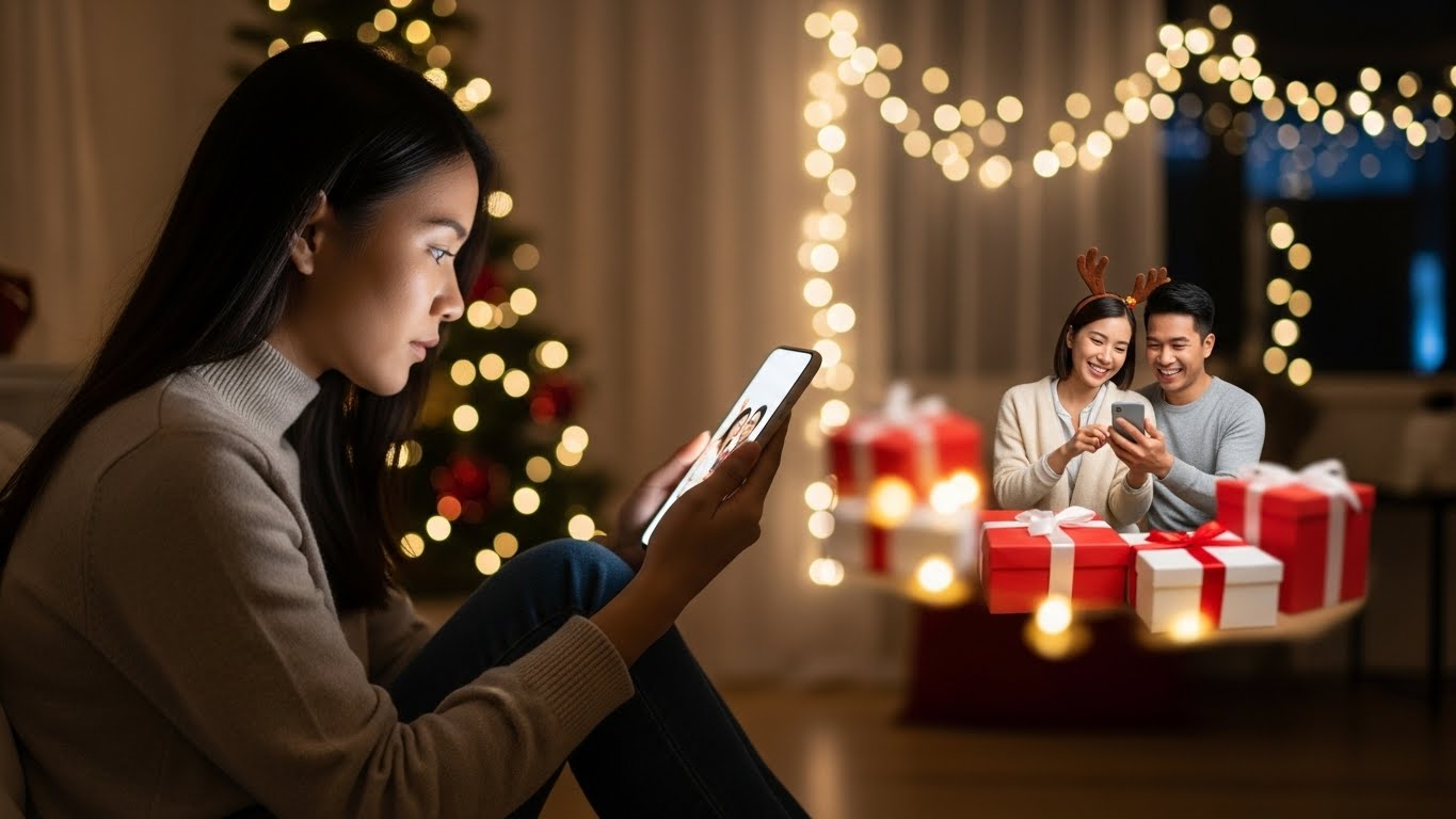 クリスマスイルミネーションが映る窓際で、スマートフォンを見ながら孤独と悲しみを感じているアジア人女性の様子。SNSで他人の幸せと自分を比較する心理的状況を表現。