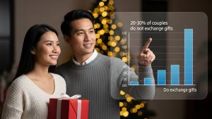 クリスマスプレゼントを交換しないカップルの割合を示す円グラフ（2〜3割）と、それを確認しているアジア人カップルの様子。統計的な実態を提示。