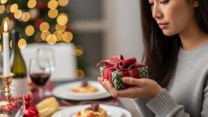 自身が用意したプレゼントを抱え、彼からの返礼がないことに失望し、寂しさを感じているアジア人女性の手元と様子。愛情の承認が欠けている状況を表現。