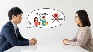 アサーティブなコミュニケーションを示す画像。アジア人カップルが向かい合い、「過去の非難」ではなく「未来の具体的なリクエスト」を伝えることの重要性を表現。