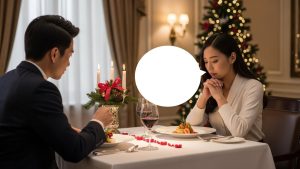 高級レストランでのクリスマスディナーで、何もプレゼントがないことに静かに失望しているアジア人女性の様子。期待が裏切られた時の「虚無感」を表現。