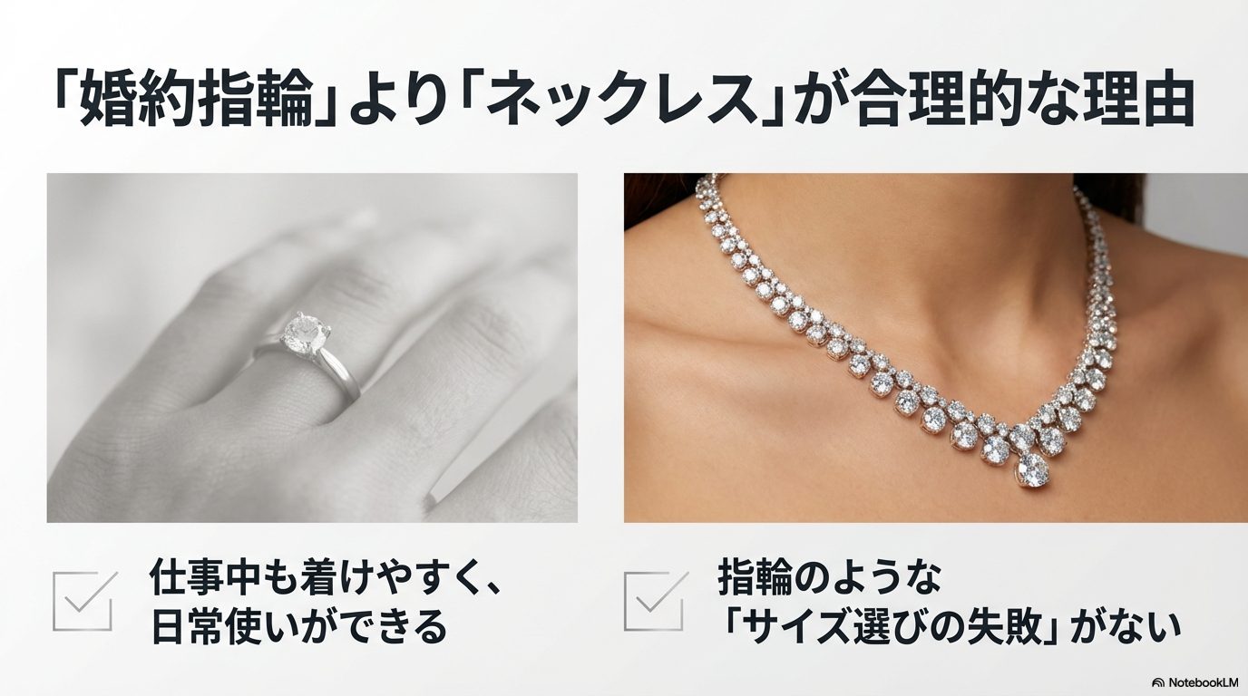 婚約指輪よりネックレスが合理的な理由として、仕事中の着けやすさ、日常使い、サイズ選びの失敗がないことを示す比較図。