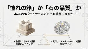 物語とステータスを重視する海外ハイブランドと、実利とコスパを重視する国内ブランドの選択基準を示す図。