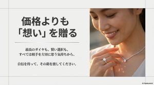 ネックレスを身に着けて微笑む女性と、価格よりも相手を大切に思う「想い」を贈ることの尊さを伝えるメッセージ。