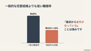 一般の離婚率約30%に対し、相談所の成婚は約10%から15%と低い理由。