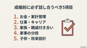 お金、仕事、親戚付き合い、家事分担、将来設計など成婚前の重要チェックリスト。