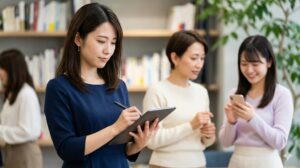 結婚相談所で活動する幅広い年齢層のアジア人女性。20代の戦略層から40代の自立層まで、それぞれの目標に向かって活動する様子を表現。