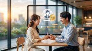 結婚相談所で出会い、幸せそうに微笑み合うアジア人カップル。成婚退会し、未来に向かって歩き出す様子を表現。