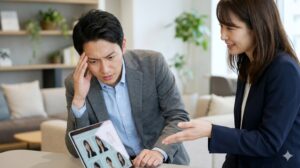 結婚相談所のカウンセリングルームで、ノートパソコンのプロフィール検索画面を見ながら、理想の女性が見つからず、悩み、疲れた表情で頭に手を当てる30代前半の日本人男性。仲人の女性が隣で優しくサポートする様子。