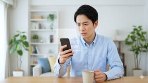 スマホで婚活情報を検索し、複雑な表情を浮かべる日本人男性。結婚相談所の評判について悩んでいる様子。