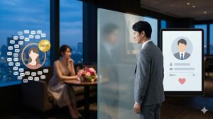 結婚相談所で人気を集める「NEW」バッジ付きのアジア人女性会員。申し込みが殺到し、すぐに成婚退会する流れを表現。