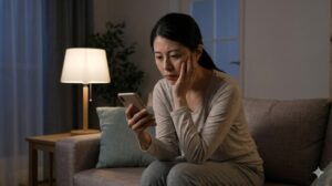 夜の自宅アパートで、スマホを見ながら結婚への不安を抱え、思い悩む30代後半の日本人女性。孤独な雰囲気。