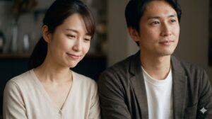 落ち着いたカフェで、リラックスして寄り添う30代後半の日本人女性と男性。恋愛感情を超えた静かな安らぎ。