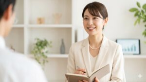 結婚相談所で活動する、知性あふれるアジア人女性。高学歴で経済的に自立していることを、清潔感のある服装と表情で表現。