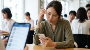 結婚相談所のプロフィール検索画面を見て、疲れ果てた表情でスマートフォンを見つめる20代後半の日本人女性。カフェの席で頭に手を当てて悩む様子。