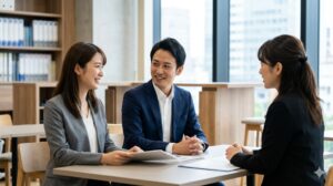 結婚相談所のカウンセリングルームで、男女の会員が笑顔で仲人と面談し、お見合いの戦略を練っている様子。プレミアムで効率的な出会いの場。