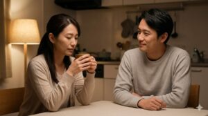 自宅のリビングで、落ち着いてお茶を飲み、穏やかに微笑む30代後半の日本人女性と、それを温かく見守る夫。信頼の絆。