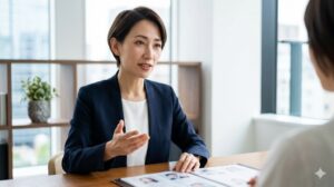 結婚相談所のカウンセリングルームで、親しみやすくも真剣な表情で、会員にフィードバックを行うベテランの日本人女性カウンセラー。プロの視点でアドバイスを伝える。