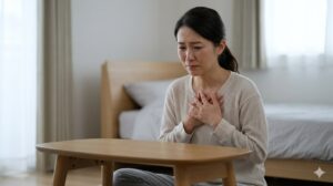 自宅の寝室で、胸を締め付けられる思いで苦悩する30代後半の日本人女性。自身の感情との葛藤。