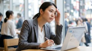 カフェの窓側席で、ノートパソコンの婚活サイト画面を前に、疲れ果てた表情で溜息をつく20代後半の日本人女性。窓の外には東京の街並みが広がる。