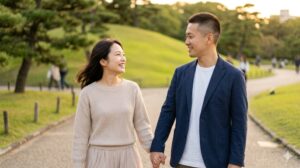 夕暮れの日本の公園を、笑顔で手を繋いで歩く20代後半の日本人女性と30代前半の日本人男性。結婚相談所で出会い、成婚退会した幸せなカップルの様子。