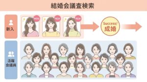 結婚相談所の検索システムの仕組みを解説する図解。人気会員はすぐに成婚退会し、長期在籍する会員が目立つ構造を、アジア人女性のポートレートで表現。