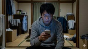 38歳実家暮らしの男性が、深夜の薄暗い自室でスマートフォンを見つめながら焦りや孤独を感じている様子。婚活における厳しい現実と心情を表現。