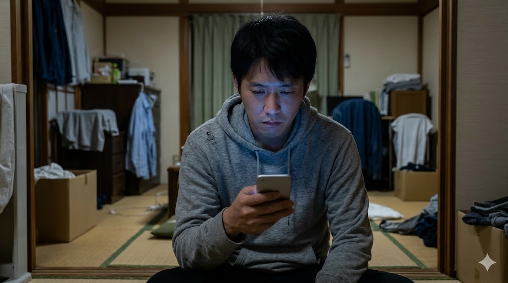 38歳実家暮らしの男性が、深夜の薄暗い自室でスマートフォンを見つめながら焦りや孤独を感じている様子。婚活における厳しい現実と心情を表現。