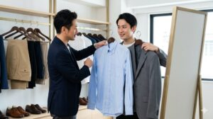 婚活専門の男性スタイリスト（40代）が、38歳の日本人男性にネイビーのジャケットやシャツなど、好印象を与える服装を提案し、男性が鏡を見て納得している様子。