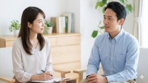 結婚相談所で、女性カウンセラーの真剣なカウンセリングを受ける日本人男性（38歳）。専門的なアドバイスを受け、実家暮らしの強みを活かす戦略を練る様子。