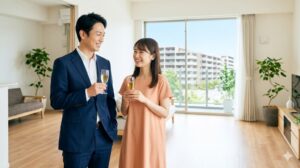 婚活に成功した日本人男性（38歳）と女性（20代後半）のカップルが、新居のリビングで笑顔で乾杯している様子。実家を出て新しい生活をスタートさせた希望を表現。